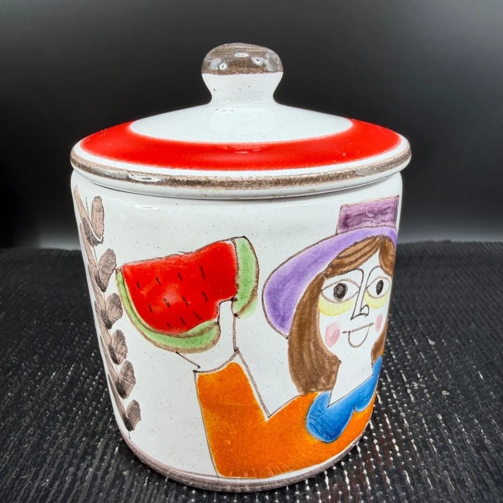 De Simone Italy Salvia Spice Jar Hand Painted Ceramic Folk Art Woman Watermelon